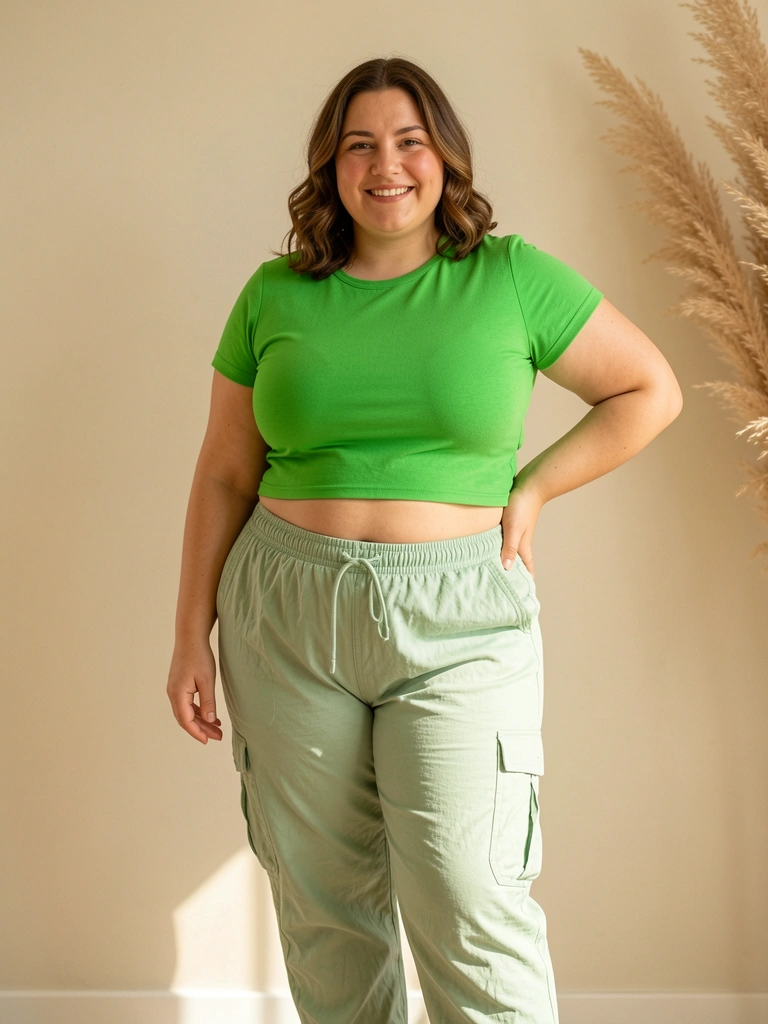 Mulher plus size sorrindo com as mãos na cintura, usando top verde-limão e calça jogger verde-claro com bolsos, parede neutra e capim-dos-pampas ao fundo, luz natural.
