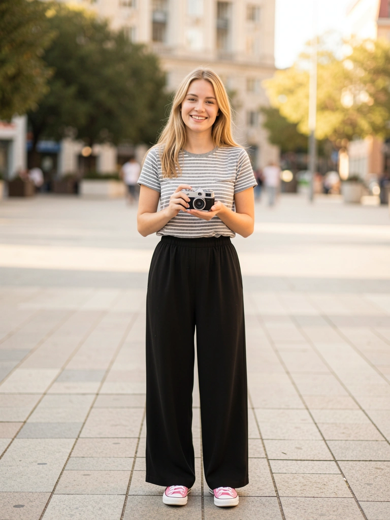 Jovem com camiseta listrada e calça jogger preta, segurando câmera vintage, sorrindo em praça urbana com prédios ao fundo.