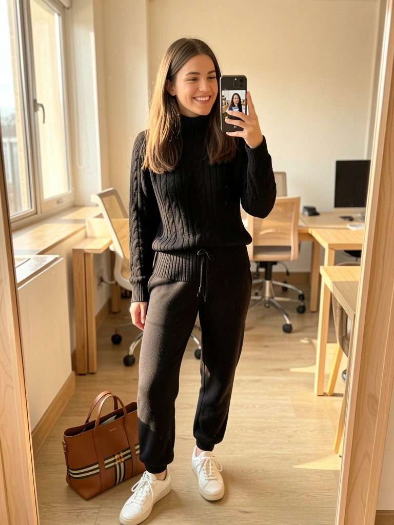 Jovem com sorriso genuíno faz selfie usando smartphone, suéter preto de tricô grosso, calça jogger e tênis branco, bolsa Burberry marrom no chão, escritório claro com luz natural.