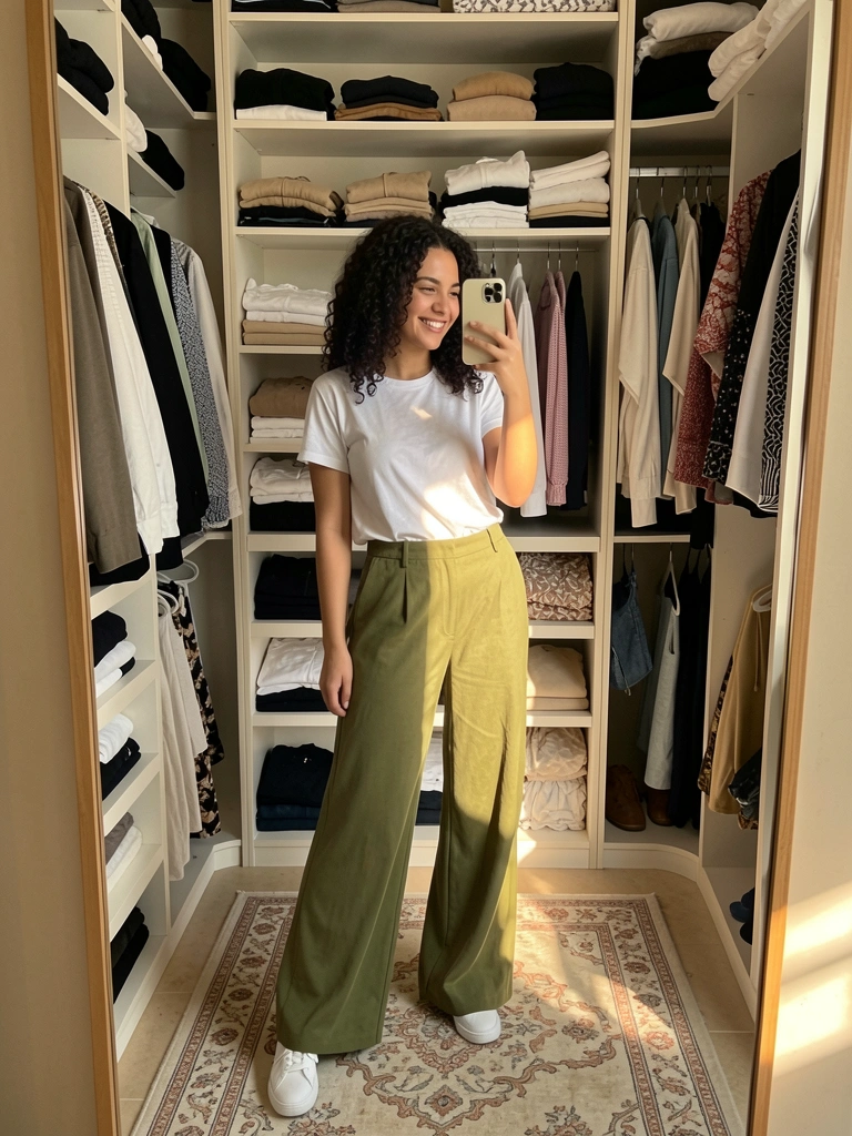 Mulher de cabelo cacheado, camiseta branca e calça verde-oliva larga tirando selfie em closet organizado com roupas dobradas e luz natural.