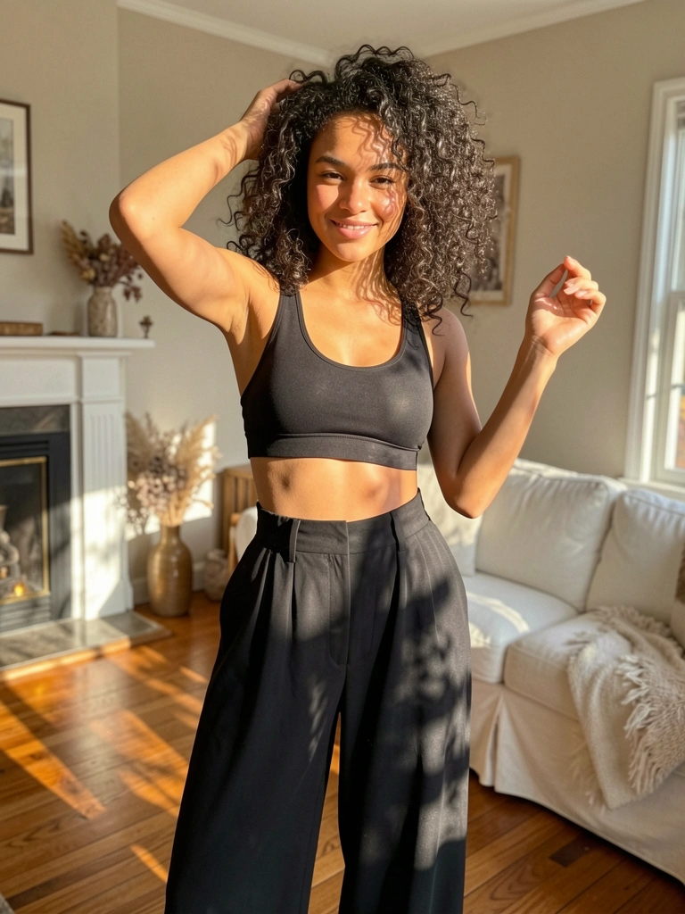 Mulher de cabelos cacheados em top cropped preto e calça jogger de cintura alta, mão na cabeça, sorrindo em sala com lareira e sofá branco sob luz natural.