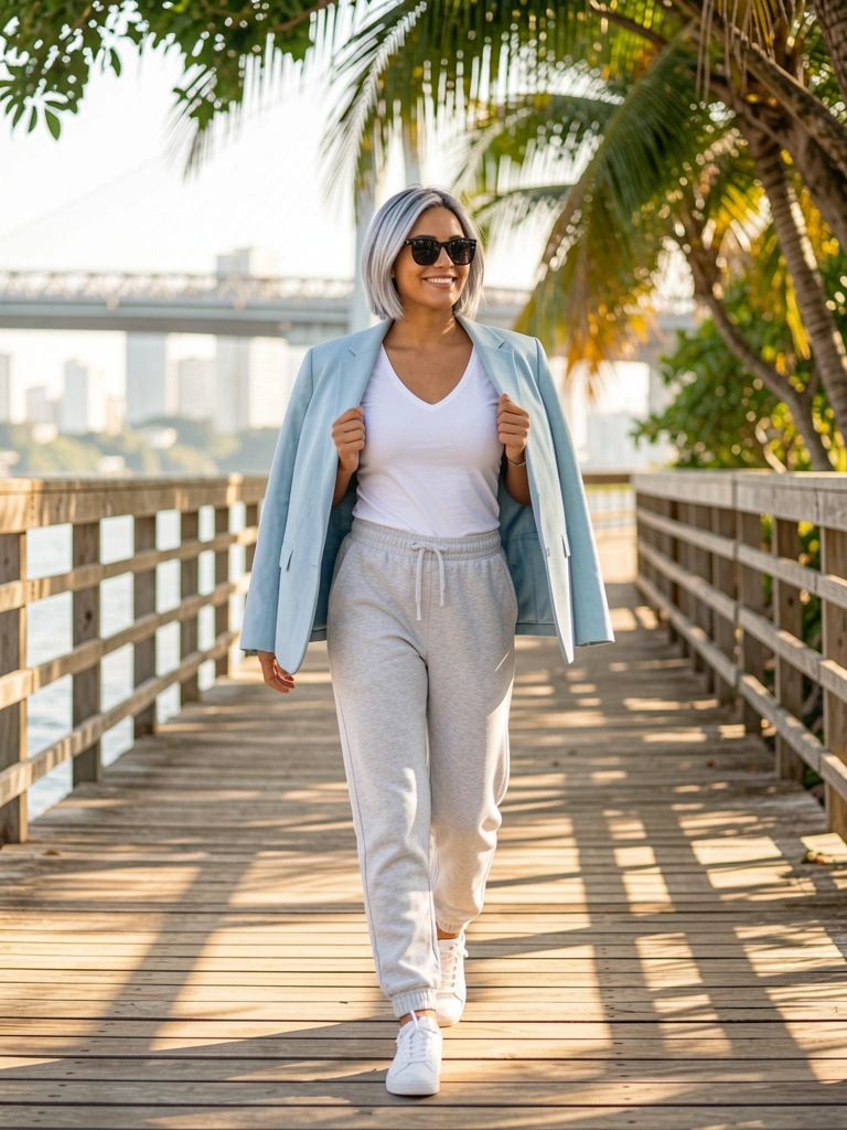 Mulher com cabelo grisalho curto, camiseta branca, calça jogger cinza e tênis branco caminhando em passarela de madeira, com blazer azul claro sobre os ombros e luz solar filtrada por árvores.