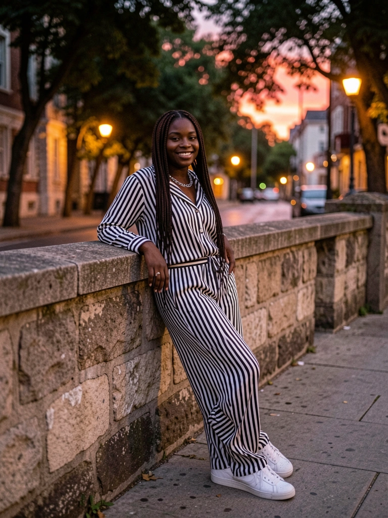 Mulher negra com tranças longas, conjunto listrado preto e branco e tênis branco, encostada em muro de pedra texturizado ao entardecer, com luz quente de postes.