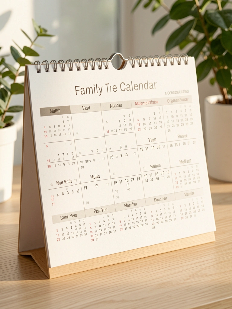 Calendário impresso sobre mesa de madeira clara, com datas nítidas e luz natural da manhã destacando a textura do papel; folhagem verde ao fundo.