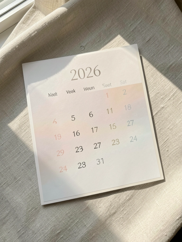 Calendário minimalista de 2026 sobre linho claro, com gradientes pastéis e sombras suaves da luz matinal.
