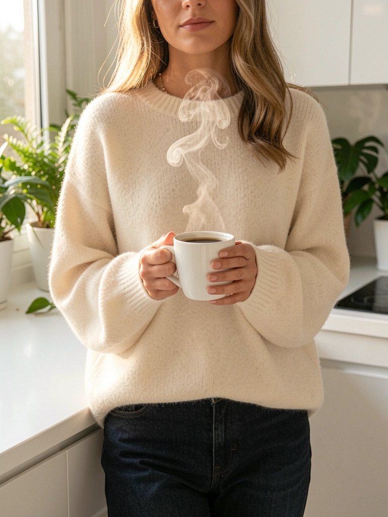 Suéter creme de caxemira oversized, jeans escuro e xícara de café fumegante sobre bancada branca, com plantas verdes ao fundo sob luz matinal.