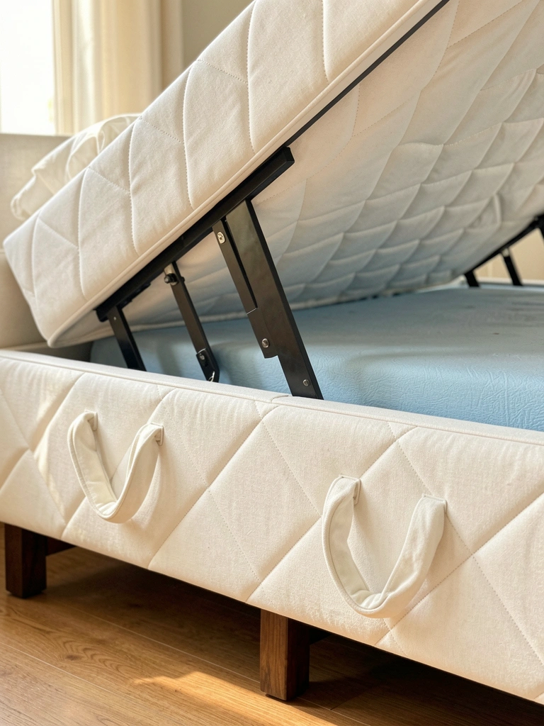 Cama branca com estofado acolchoado e alças de metal, tampa aberta revelando colchão azul claro, pernas de madeira escuras, luz natural suave.