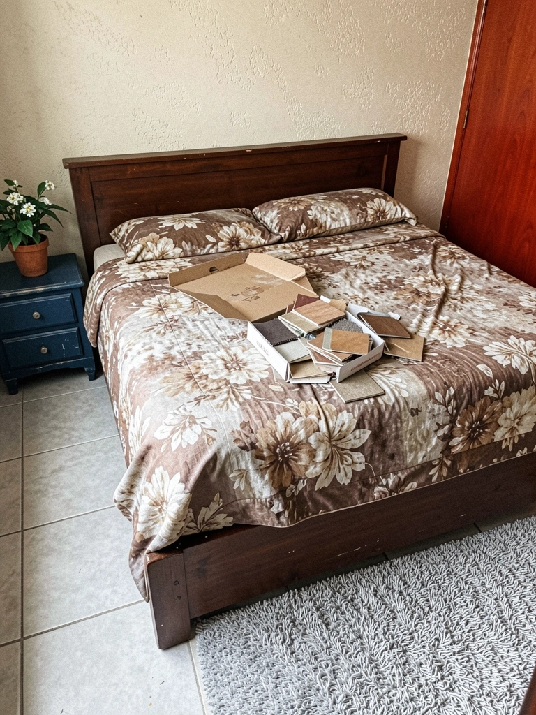 Amostras de tecidos e espumas para caixa de cama box casal sobre mesa.