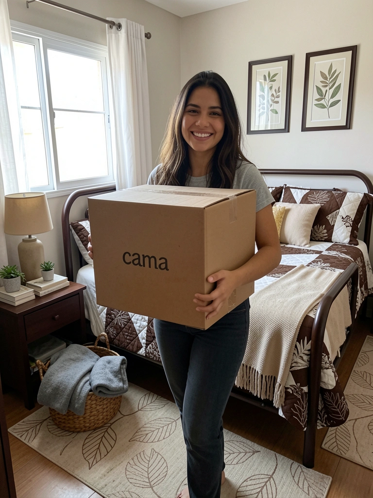 Caixa de cama box sendo carregada por duas pessoas em um corredor.