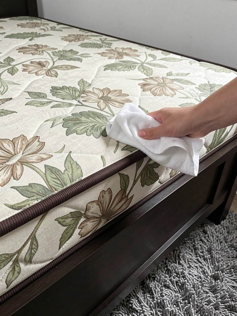 Mão segurando pano úmido sobre estofado de cama box casal, realizando limpeza suave.