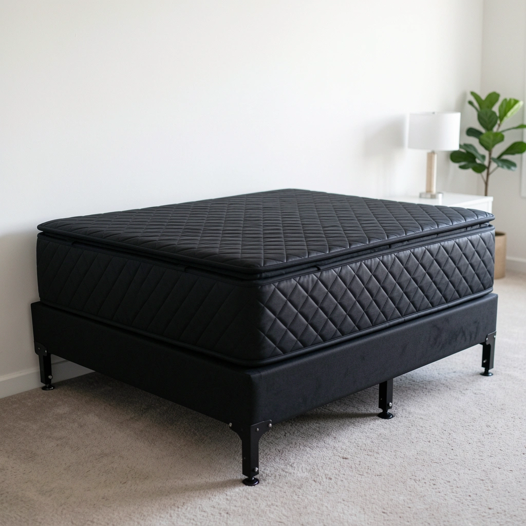 Quarto com cama box casal estofada, cabeceira acolchoada e roupa de cama neutra.
