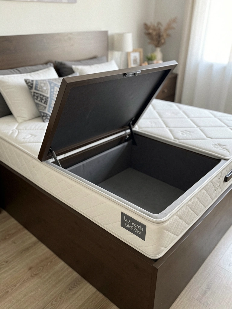 Cama box baú casal com colchão bege, almofadas decorativas em tons neutros, cabeceira estofada e mesa de cabeceira de madeira clara.