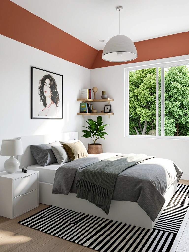 Cama casal baú branca com edredom cinza, tapete listrado preto e branco, e vaso de planta ao lado do criado-mudo, luz natural entrando pela janela com vista para árvores.