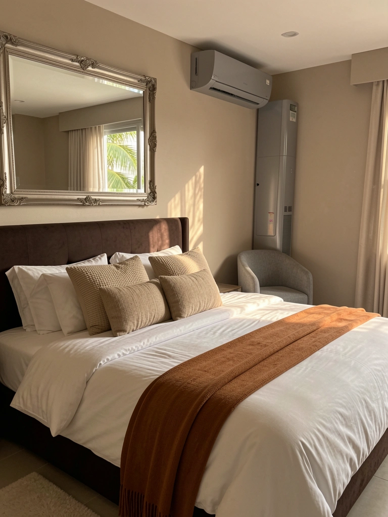 Cama king-size com cabeceira marrom escura, roupa de cama branca fofa e almofadas bege texturizadas, luz natural difusa refletida em espelho grande e ornamentado.