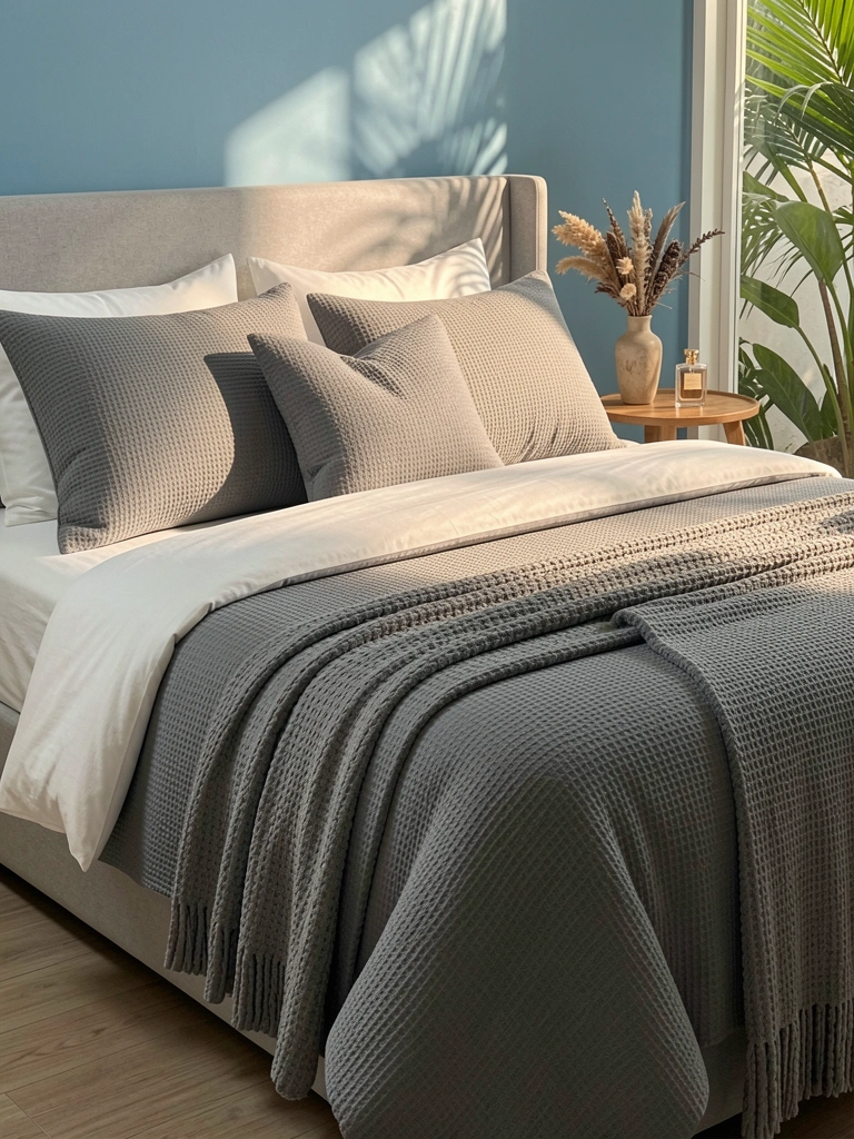 Cama king-size com edredom cinza waffle, almofadas combinando e manta texturizada, cabeceira estofada e parede azul suave ao fundo.
