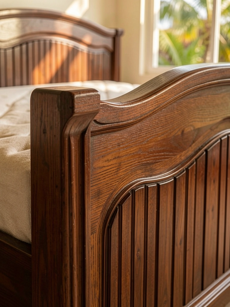 Cama de madeira escura com cabeceira ondulada e colchão de algodão claro, luz natural difusa e fundo desfocado.