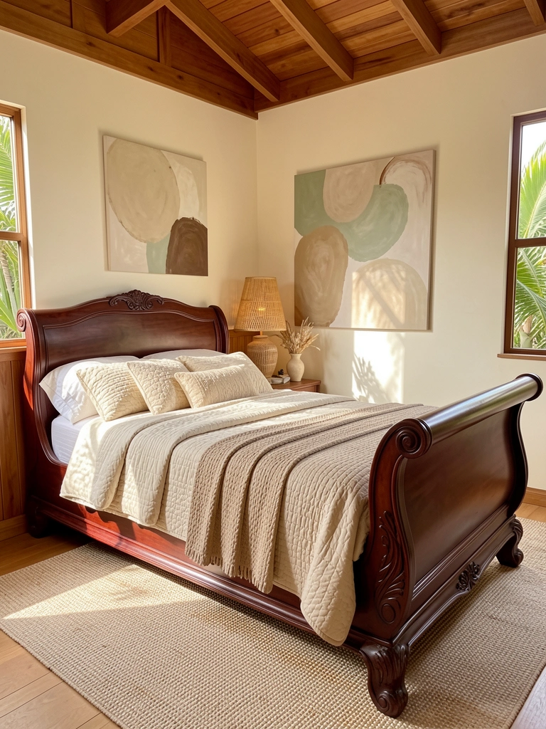 Cama sleigh de mogno com colcha marfim e manta bege, quadros abstratos em tons terrosos e luminária de rattan sobre criado-mudo.
