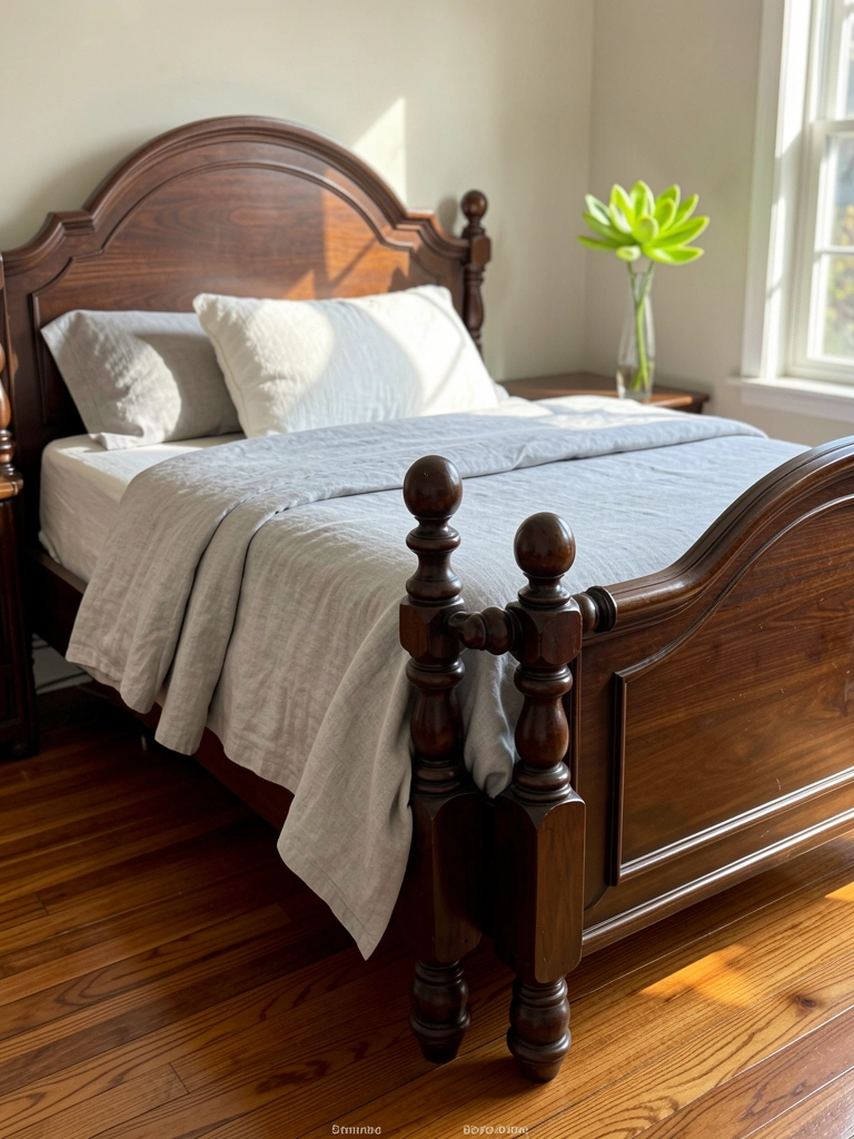 Cama de madeira escura com dossel e cabeceira arqueada, roupa de cama cinza claro, vaso com suculenta verde-limão ao lado, luz natural entrando pela janela.