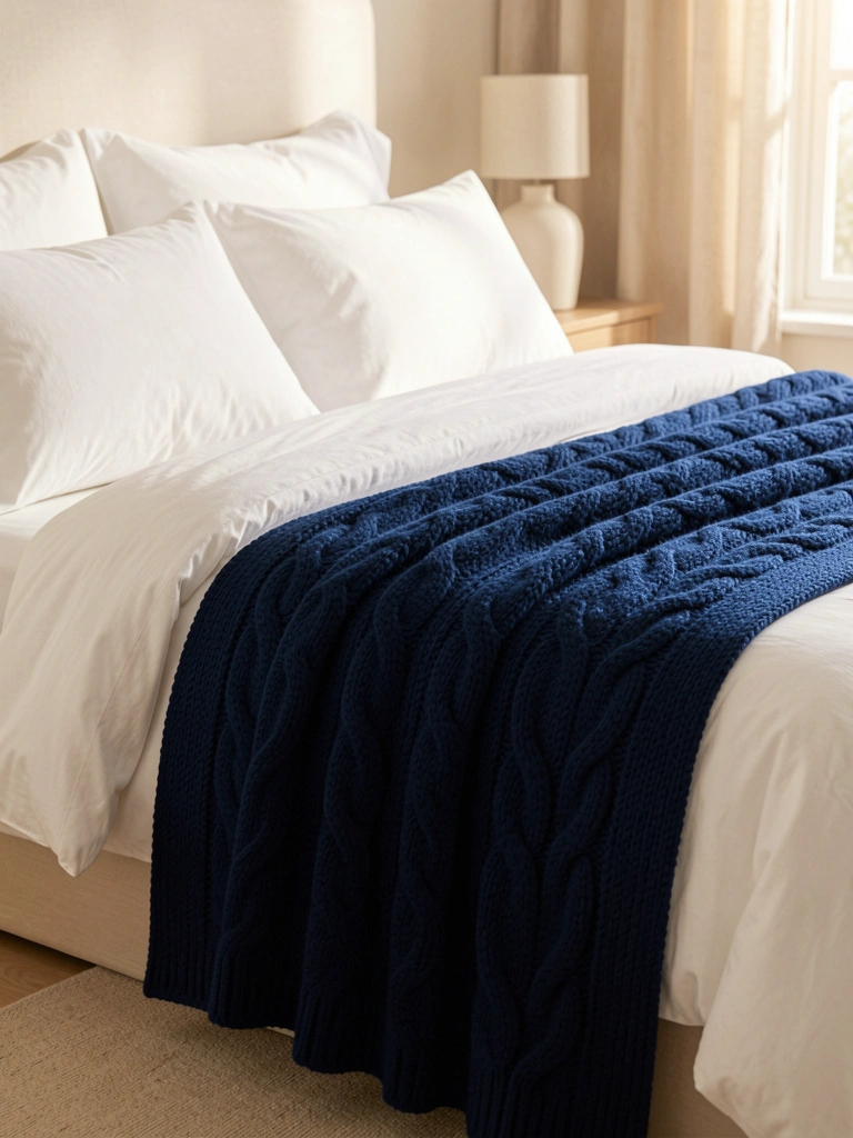 Manta de tricô azul-marinho com padrão trançado sobre edredom e travesseiros brancos em cama king-size, luz natural suave ao fundo.