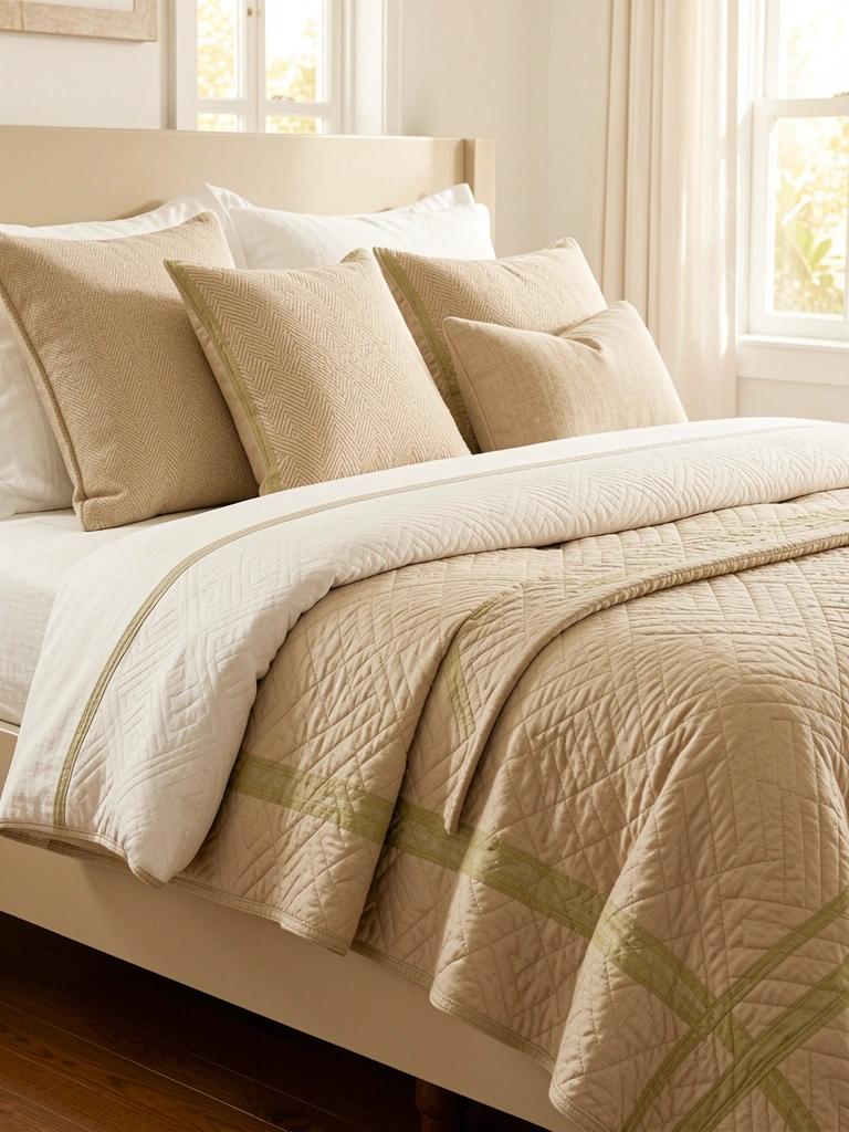Cama branca com colcha bege acolchoada e travesseiros de linho, luz natural filtrada e pés de madeira escura.