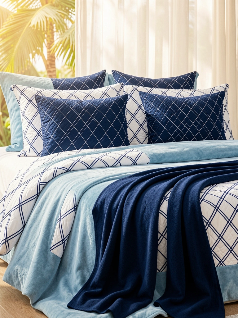 Cobertor azul-marinho com estampa diamante sobre colcha azul-clara, quatro fronhas combinando e manta escura caindo sobre a cama, luz natural filtrada por cortinas.