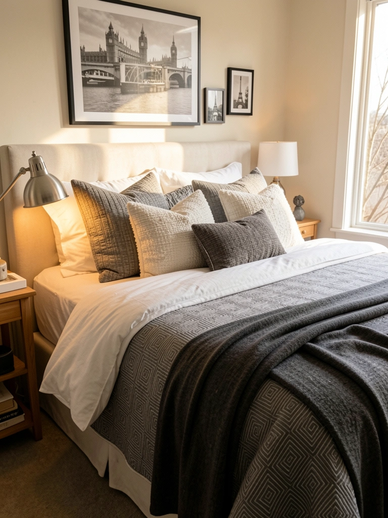 Cama queen-size com edredom branco, colcha geométrica cinza e travesseiros texturizados; abajur prateado aceso e quadros de Londres e Paris na parede.