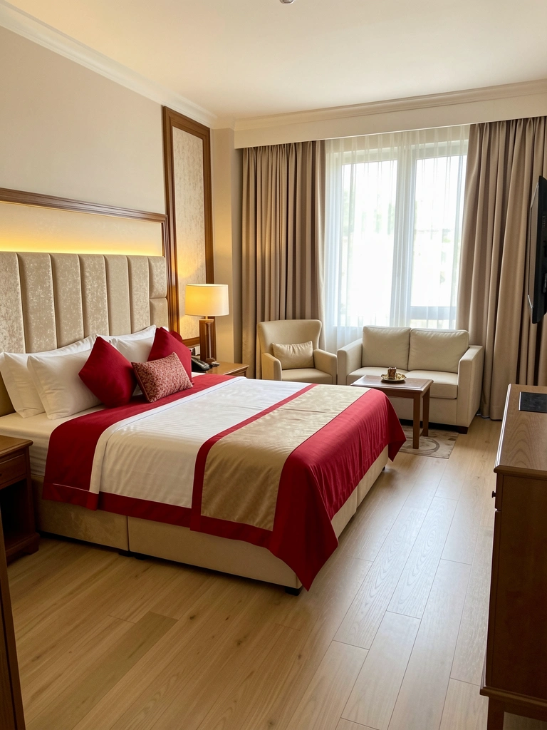 Cama king-size com colcha vermelha e branca, cabeceira estofada com iluminação embutida, poltrona bege ao lado e sofá claro com luminária.