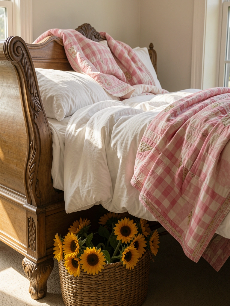 Cama de dossel de madeira entalhada com colcha xadrez rosa e branca, cesta de girassóis no chão, luz natural suave.