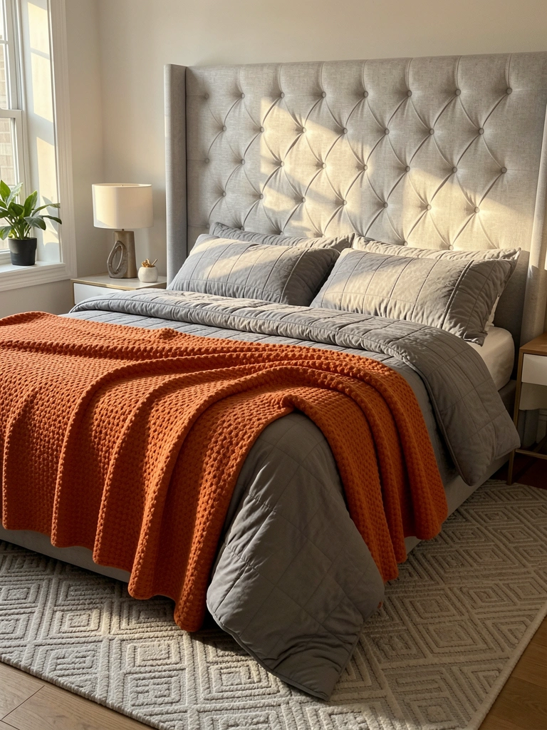 Cama com cabeceira cinza-claro estofada e capitonê, coberta por colcha acolchoada cinza e manta laranja texturizada, tapete geométrico no chão, luz natural entrando pela janela.