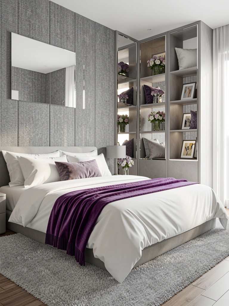 Cama com lençóis brancos e manta roxa, parede cinza texturizada com prateleiras espelhadas, vasos com flores e quadros, carpete cinza claro e luz natural difusa.
