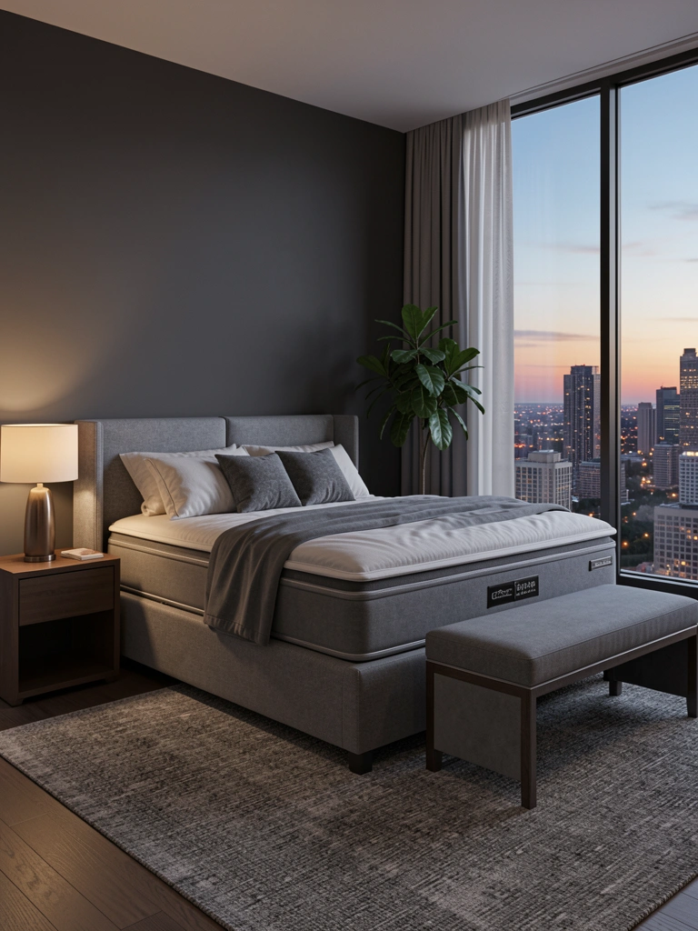 Cama com box e cabeceira, banco estofado cinza, criado-mudo com gaveta, abajur e vaso de planta; janela grande com vista da cidade ao entardecer; paredes cinza escuro e carpete texturizado; iluminação suave e quente.