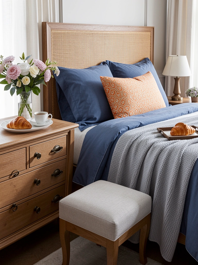 Cama com cabeceira de palha, edredom azul e almofada listrada laranja; cômoda de madeira com puxadores; luz natural incide sobre tecidos e madeira.