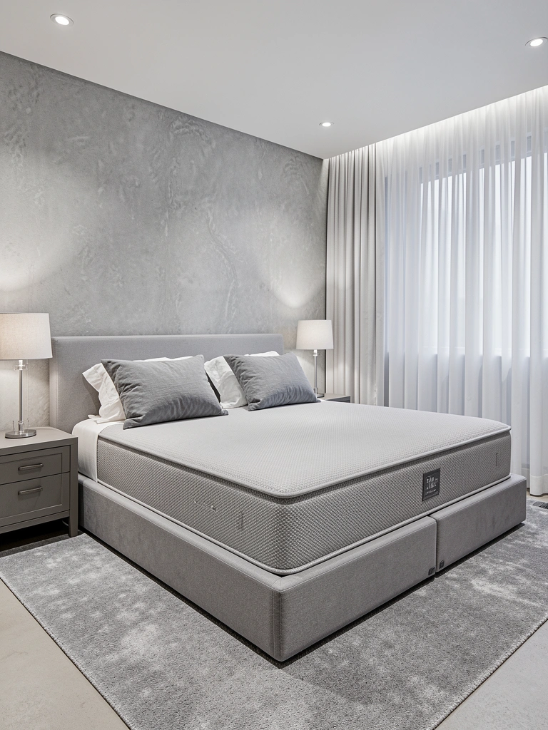 Cama king-size com cabeceira e almofadas cinza, roupas de cama brancas, abajures nas mesas laterais e cortinas de linho sob luz embutida difusa.
