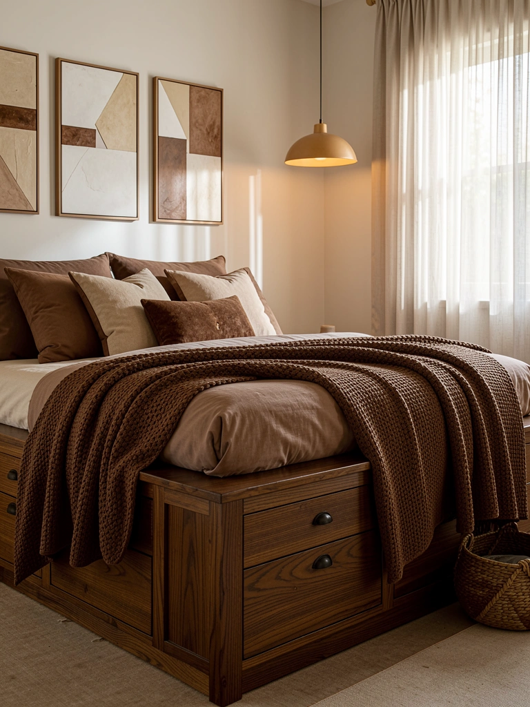 Cama plataforma de madeira escura com gavetas, coberta por manta marrom trançada e almofadas beges, pendente quente e quadros geométricos ao fundo.