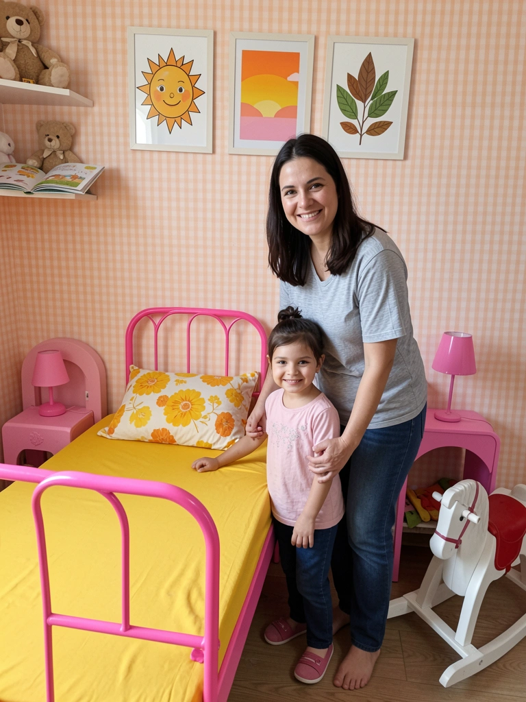Mãe e filha sorrindo ao lado de uma cama com tema infantil, quarto decorado com cores suaves.
