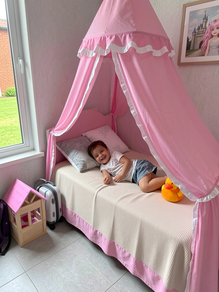 Criança de 4 anos deitada em mini cama, com lençol estampado e travesseiro.