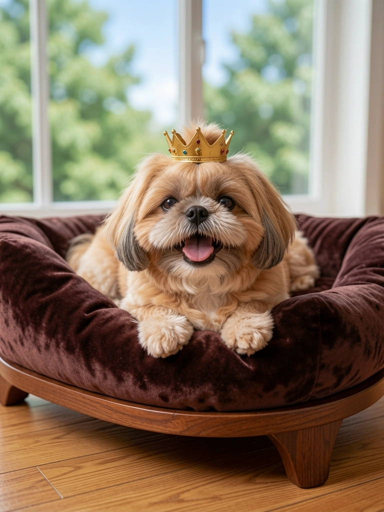 Cão Shih Tzu cor de damasco com coroa dourada, deitado em cama pet de veludo marrom com moldura de madeira, sobre piso de madeira. Luz natural difusa e janela com vista para árvores.