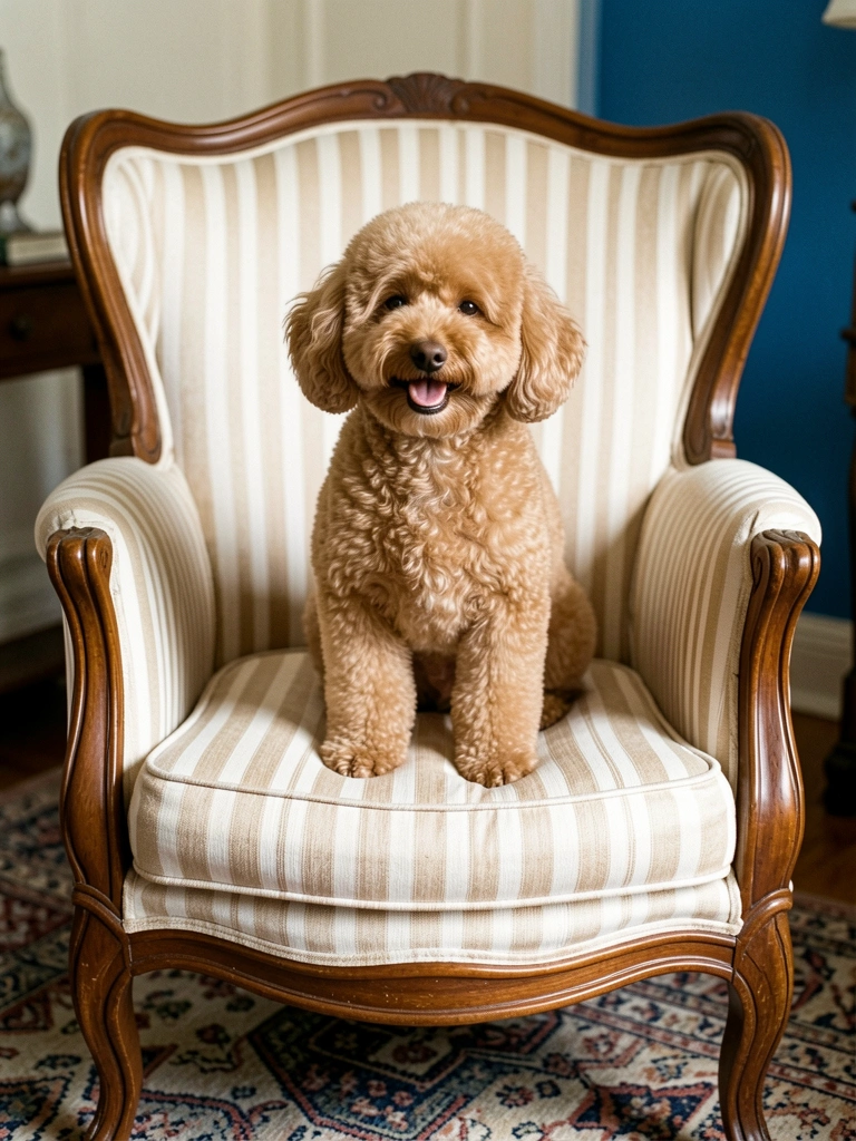 Cão de pelagem clara e orelhas caídas sorri sentado em poltrona listrada com braços de madeira, tapete estampado e parede azul ao fundo.