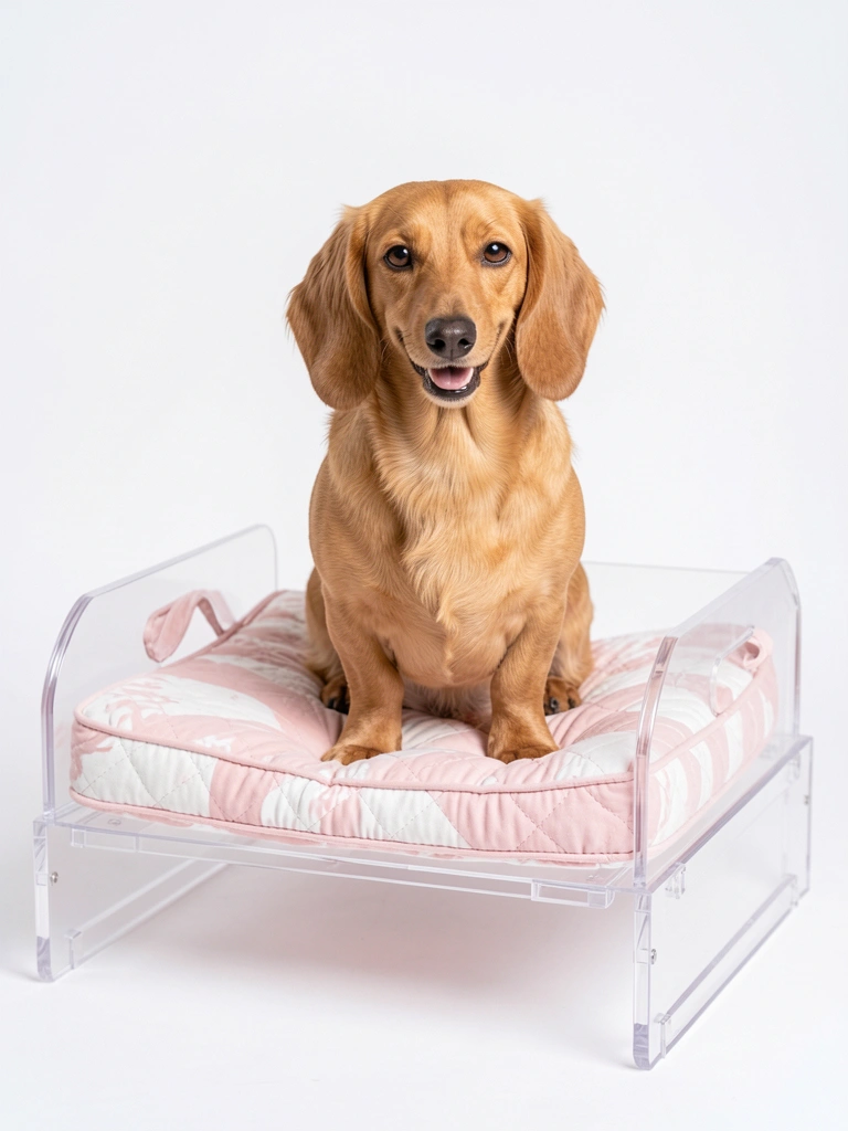 Cão da raça teckel dourado deita em cama pet de acrílico transparente com almofada acolchoada rosa e branca, fundo claro, olhar direto e sorriso natural.