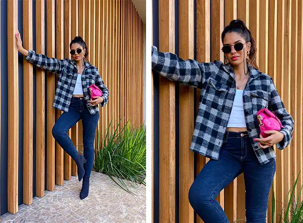 camisa xadrez feminina flanelada preta e branca