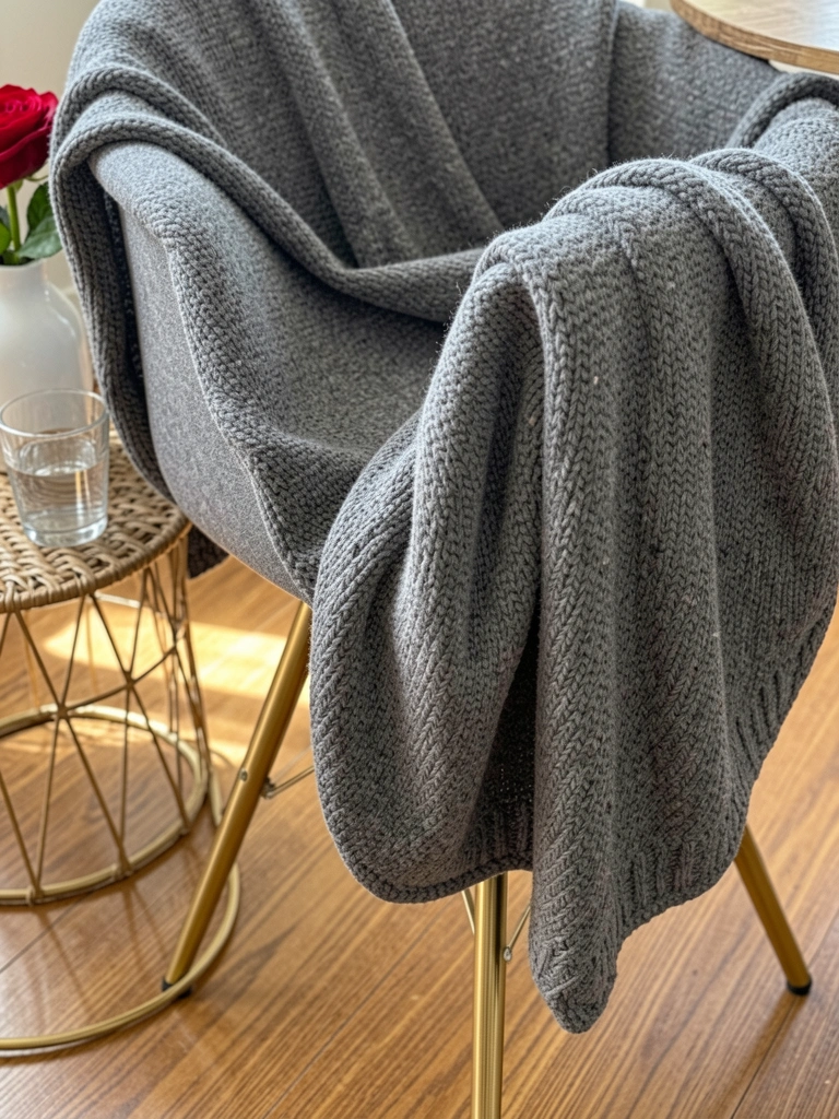 Capa de cadeira de tricô cinza sobre cadeira com pernas douradas, mesa lateral de arame com copo e vaso com rosa vermelha, luz natural difusa.