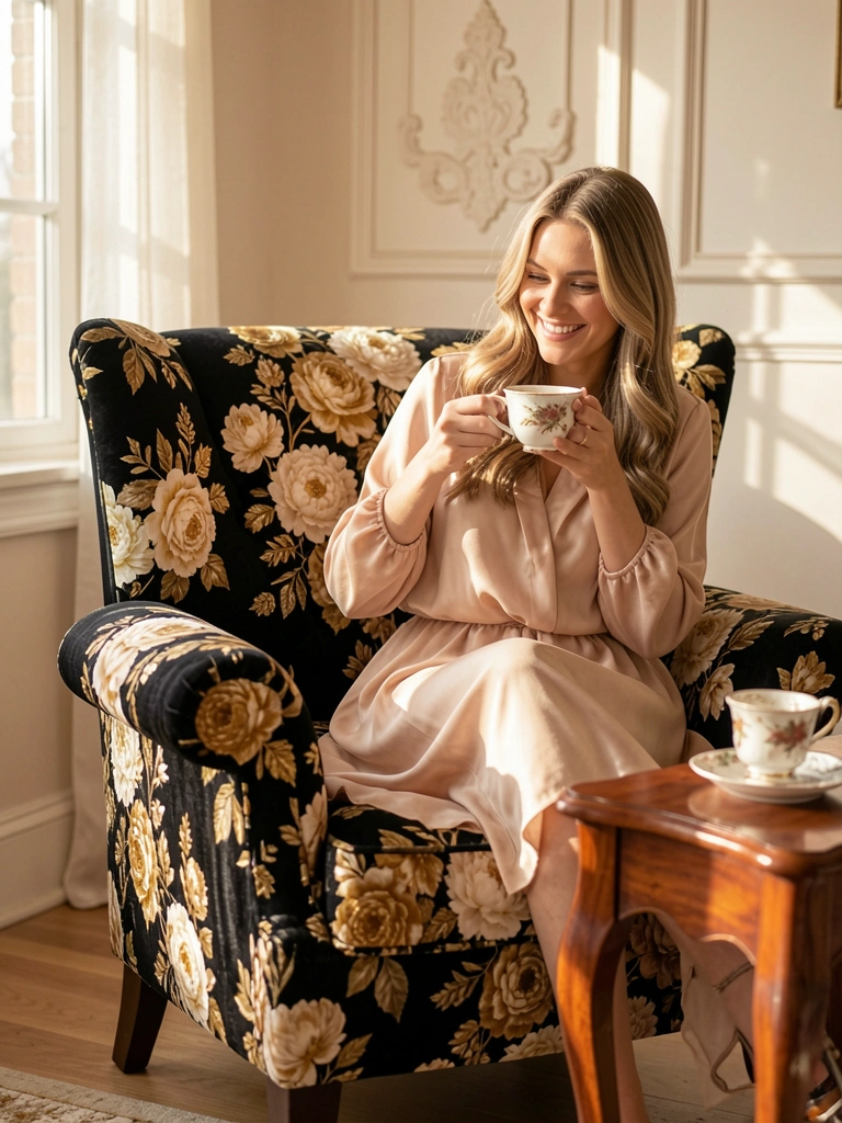 Poltrona de veludo preto com estampa floral dourada e creme, lado a lado com mesa de madeira polida e xícara de porcelana, luz natural entrando pela janela.
