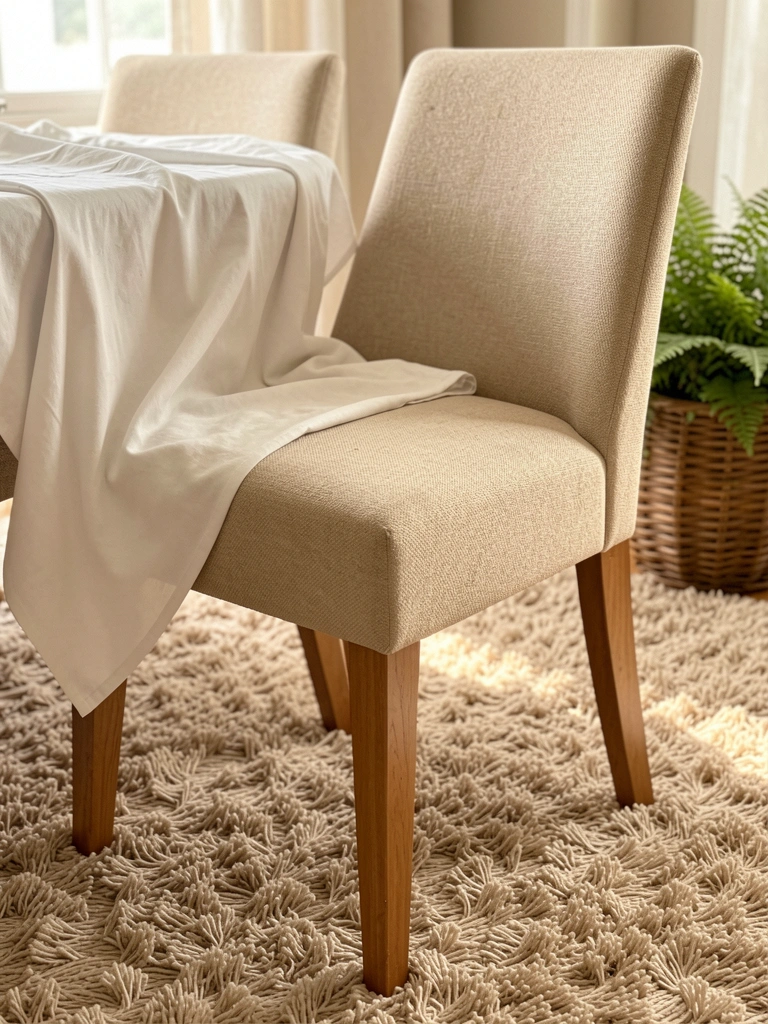 Cadeira estofada bege com tecido texturizado e pés de madeira sobre carpete felpudo, toalha branca sobre o assento e cesto com samambaias ao fundo, luz natural.