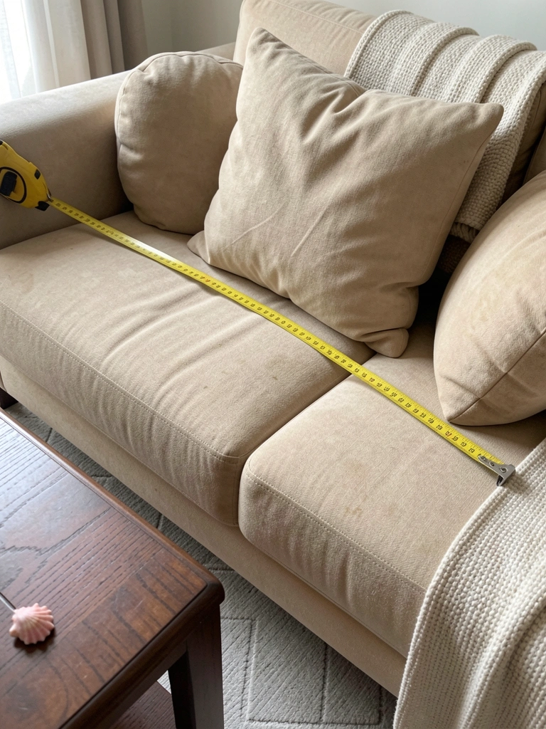 Detalhe da fita métrica medindo a largura de um sofá, de braço a braço.