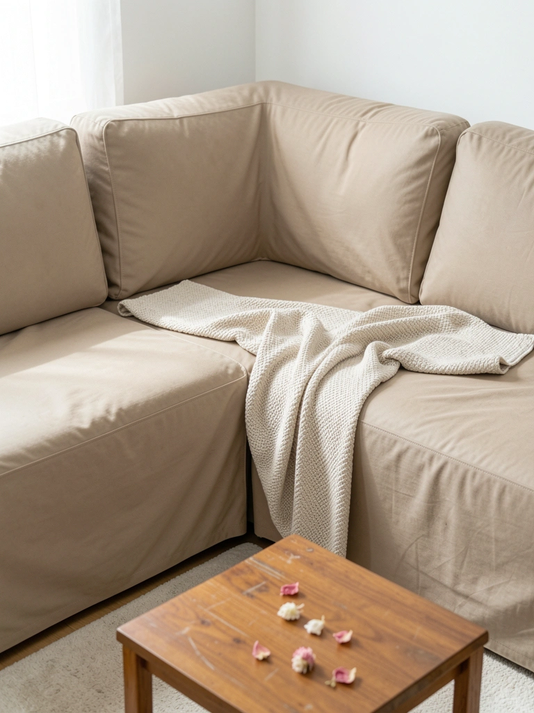 Sofá de canto retrátil com capa modulada em tecido cinza, almofadas encaixadas e pés de madeira aparentes.