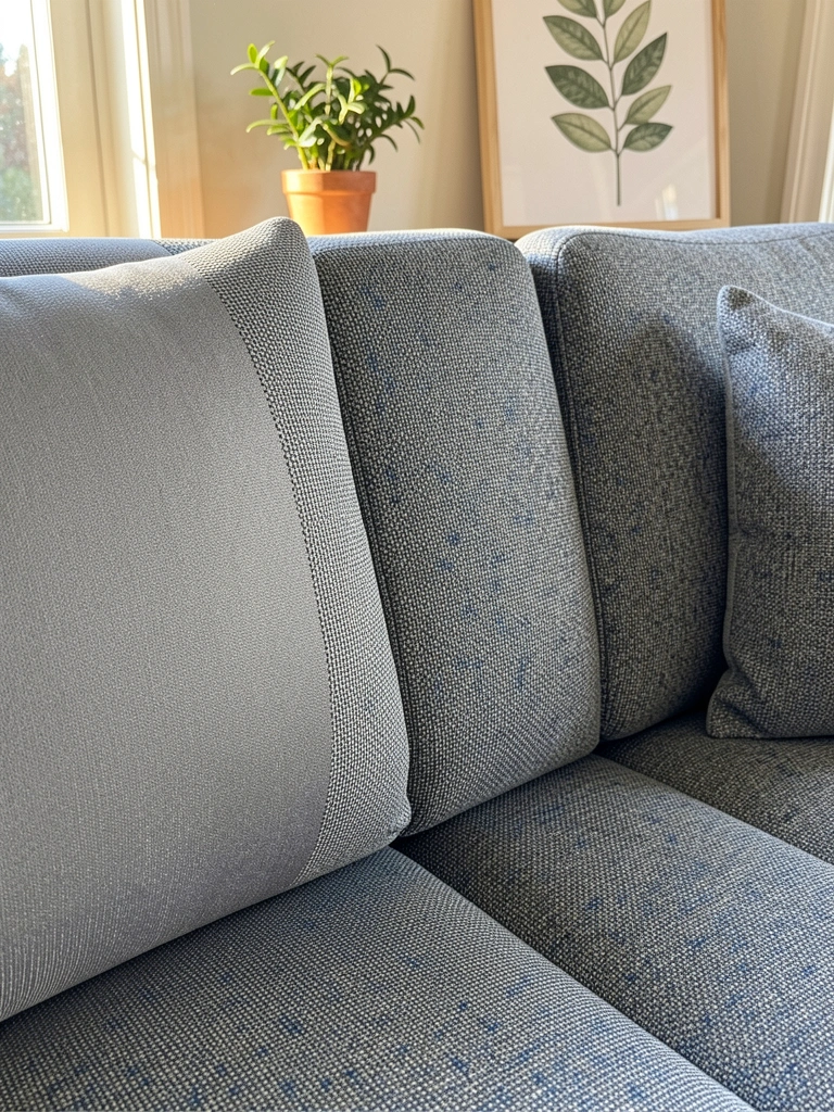 Tecido de sofá cinza com padrão geométrico sutil em azul, vaso de planta e quadro decorativo ao fundo, luz natural.