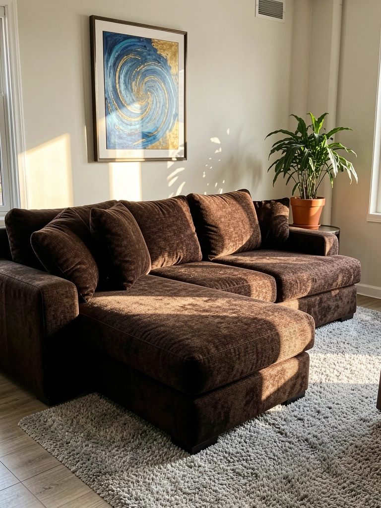 Sofá marrom escuro texturizado com chaise, quadro abstrato azul e dourado na parede, vaso de planta verde ao lado, luz natural entrando pela janela.
