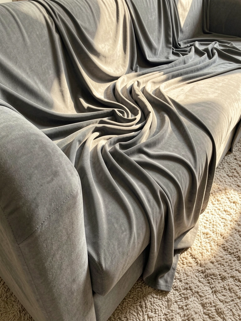 Tecido encaracolado e drapeado de sofá cinza claro sobre carpete bege, luz natural destacando a textura macia.