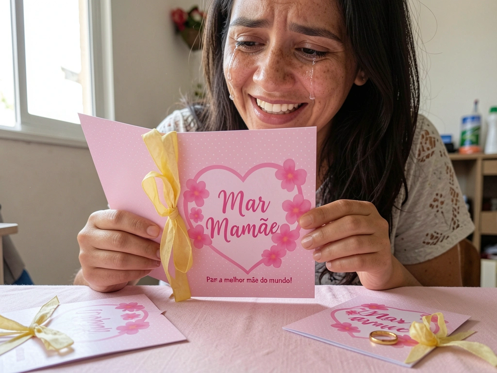 Mãe segura cartão aberto e enxuga lágrimas de emoção.