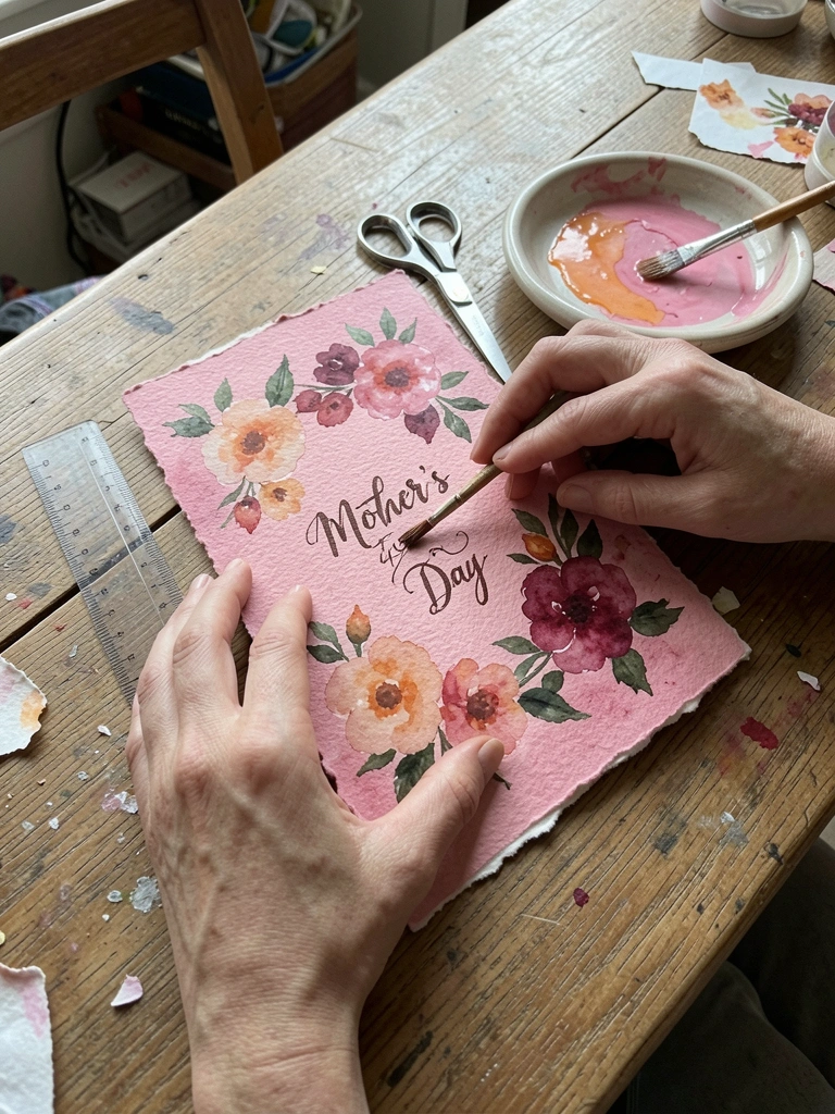 Mãos apoiam-se sobre mesa de madeira com papel cartão, régua e tesoura sob luz natural.